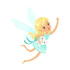 Wall Mural - Beautiful sweet blonde Tooth Fairy girl flying with smiling tooth colorful cartoon character vector Illustration