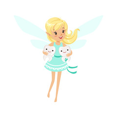 Wall Mural - Beautiful sweet smiling blonde Tooth Fairy girl flying and holding two teeth colorful cartoon character vector Illustration