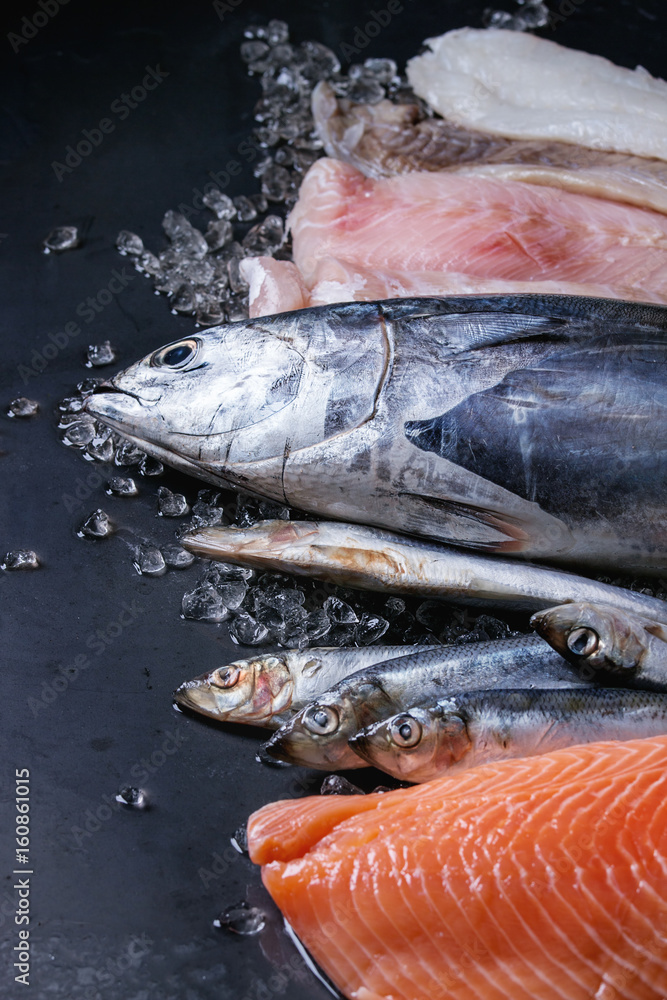 Variety of raw fresh fish. Whole tuna and herring, fillet of salmon, cod, red fish on crushed ice over dark wet metal background. Close up with space. Fish market concept
