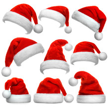 Set Of Red Santa Claus Hats Isolated On White Background