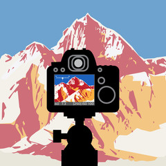 Poster - DSLR reflex camera photographing mountain landscape