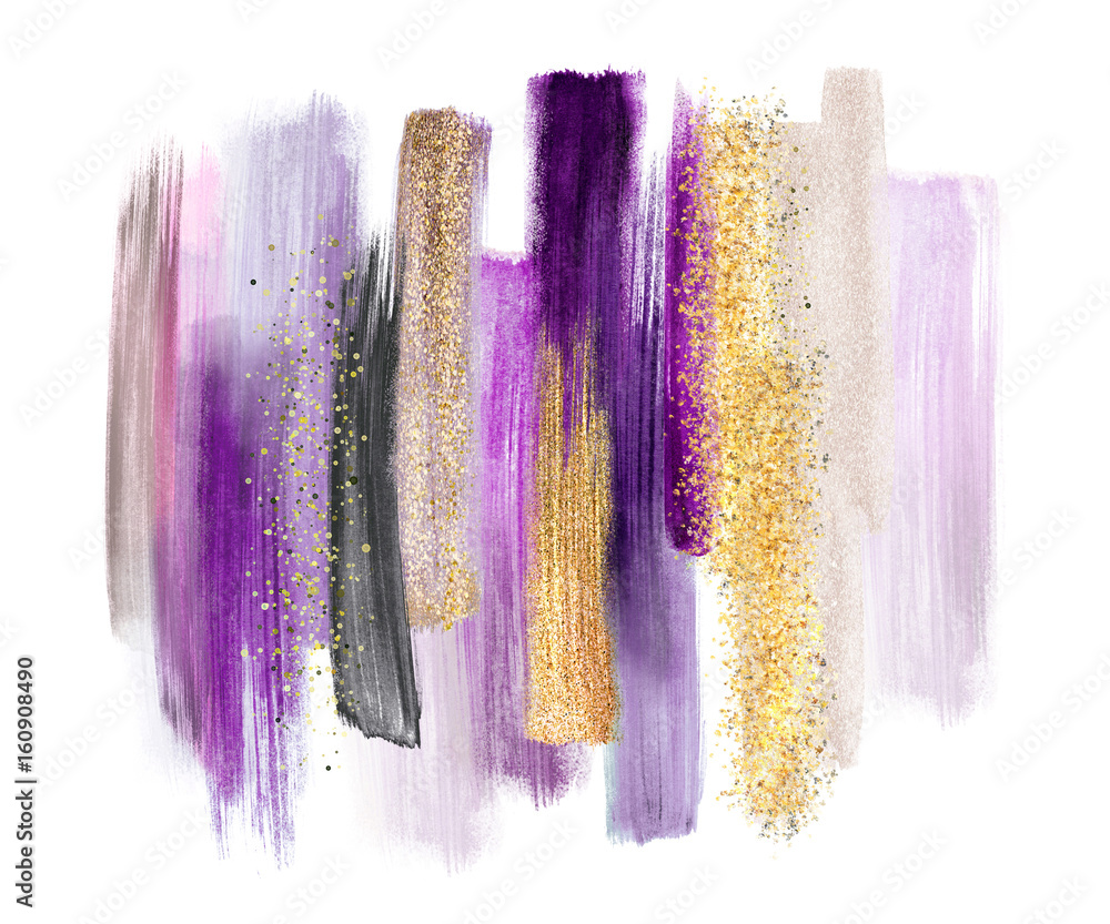 abstract watercolor brush strokes isolated on white background, paint smears, purple gold, palette swatches, modern wall art - obrazy, fototapety, plakaty 