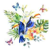 Tropical Summer Watercolor Greeting Card With Toucan