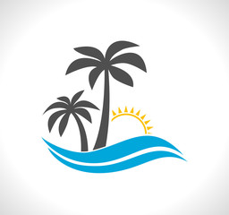 Wall Mural - palm tree with wave and sun - tropical icon