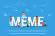 Meme concept vector illustration. Flat design of young people using mobile gadgets such as laptop, tablet pc and smartphone for meme reposting in social network, reading news and publishing new trends