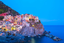 View On Architecture Of Manarola Town In Sunset Light. Manarola Is One Of The Most Popular Town In Cinque Terre National Park, Italy