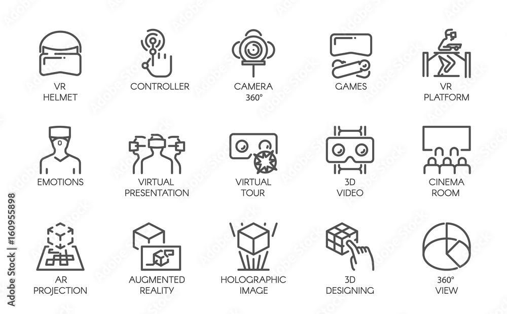 Big set of line icons of augmented reality digital AR technology future. 15 vector labels isolated on a white background. Symbols of virtual modeling, simulation, 3d video, presentation and other - obrazy, fototapety, plakaty 