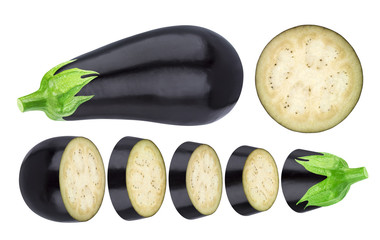 Aubergine elements isolated on white background. Whole and sliced eggplant, with clipping path