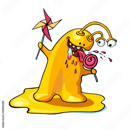 Cuadros en Lienzo Cute cartoon slime yellow monster eating lolli-pop isolated on white background