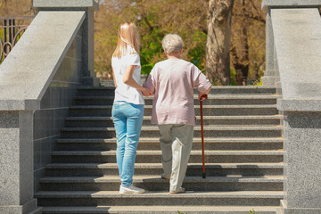 Wall Mural - Elderly woman and young caregiver in park on sunny day