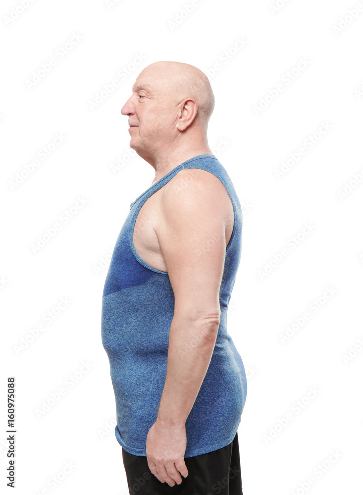 Fat senior man on white background. Weight loss concept