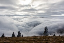 Great View From Mount Belchen In The Black Forest Mountains To The Vast Ocean Of Fog Filling The Rhine Valley