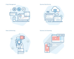 Set of concept line icons for project management, business data security, video conferencing, business live streaming. UI/UX kit for web design, applications, mobile interface, print design. 