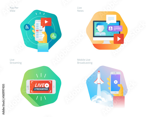 Material Design Icons Set For Live Streaming Mobile Broadcasting Pay Per View Online