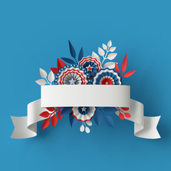 3d render, digital illustration, abstract red blue paper flowers, ribbon design element, 4th july patriotic background, USA independence day banner, invitation, greeting card template