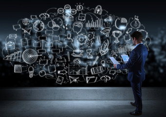Wall Mural - businessman watching a project sketch on a rooftop 3d rendering