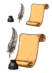 Wall Mural - Vector icons of old paper roll and ink feather pen