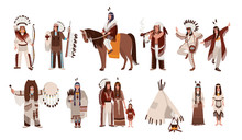 Set Of Indians In Traditional Costumes. Native American Family, Girl, Shaman, People With A Bow And Arrows, Peace-pipe, A Spear, On A Horse. Colorful Vector Illustration In Cartoon Style.