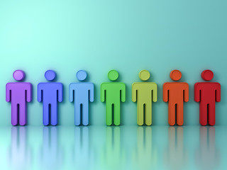 Leinwandbilder - Group of colorful people standing on light green background with reflections and shadows . 3D rendering.