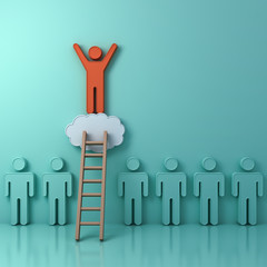 Aufkleber - Stand out from the crowd and different creative idea concept, One man climbing ladder to standing on top of the cloud above green people on green background with reflection and shadows. 3D rendering.
