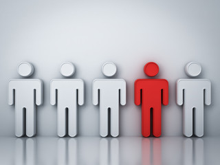 Fototapete - Stand out from the crowd and different creative idea concepts , One red man standing among white people on gray background with reflections and shadows , leadership concept . 3D rendering.