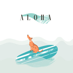 Wall Mural - Hand drawn vector abstract fun summer time illustration card with swimming surfer dog on surfboard in blue ocean waves and modern calligraphy quote Aloha isolated on blue background