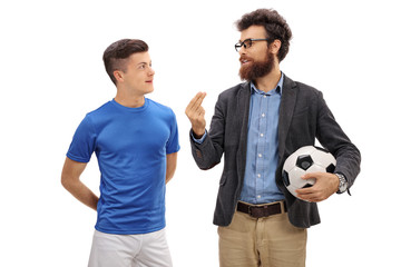 Poster - Father with a football explaining something to his teenage son