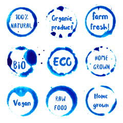 Wall Mural - Vegan Restaurant collection of round watercolor stains with 100% natural, organic product, farm fresh, bio, eco, home grown, vegan, raw food text. Set of vector Vegan Restaurant stamps.