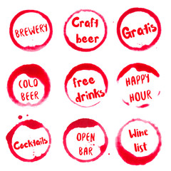 Wall Mural - Bar words collection of round watercolor stains with brewery, craft, beer, cold, free drinks, happy hour, cocktails, open bar, wine list text. Set of vector Bar words stamps.