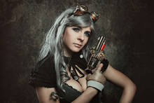 Steampunk Woman With Mechanical Gun