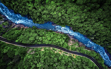 Aerial View Of Mountain River And Road. Mountain Gorge. Gorge Of The White River. Caucasus, Russia