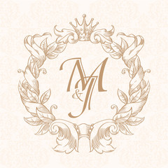 Elegant floral contour monogram design template for one or two letters. Wedding monogram. Business sign, monogram identity for restaurant, boutique, hotel, heraldic, jewelry.