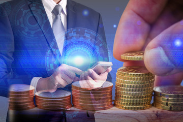 Double exposure of Euro Coin stacks, businessman touch smartphone, mobile and digital cyber circular as business, investment,currency, exchange rate, technology, communication and innovation concept.