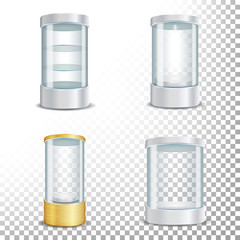 Sticker - Round Empty Glass Showcase Podium Set With Spotlight And Sparks. Blank For Exhibit With A Pedestal. Isolated Realistic Empty Glass Showcase. Vector Illustration. Transparent Background