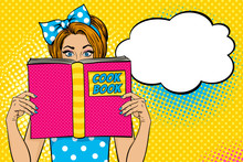 Wow Female Face. Sexy Young Woman Housewife With Wide Open Eyes And Bow On Her Head Holding Big Cook Book. Vector Colorful Background In Pop Art Retro Comic Style. Party Invitation Poster.