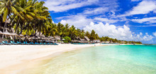 Amazing Long White Sandy Beaches Of Mauritius Island. Tropical Holidays Scenery