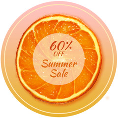 Round shaped 60% off summer sale sticker with sliced orange on pink gradient background.