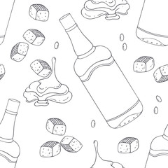 Wall Mural - Hand drawn outline seamless pattern with bourbon caramel. Black and white food background