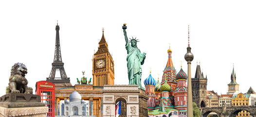 world landmarks photo collage isolated on white background, travel, tourism and study around the wor