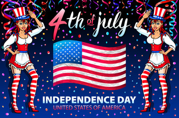 Wall Mural - illustration of a girl celebrating Independence Day Vector Poster. 4th of July Lettering. American Red Flag on Blue Background with confetti