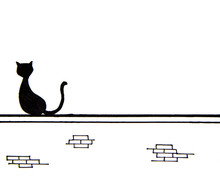Hand Drawn Of Cute Black Cat Sitting On Wall With Place For Text