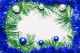 Fototapeta Panele - X-mas background with blue decoration, christmas balls and green pine leaves. Copy space for text