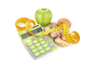 Poster - Weight loss concept. Fruits, ginger, calculator and measuring tape on white background