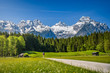 © auergraphics - Hiker on path, idyllic alpine landscape, blooming meadow with snow-covered peaks in the background, Salzburger Land, Austria