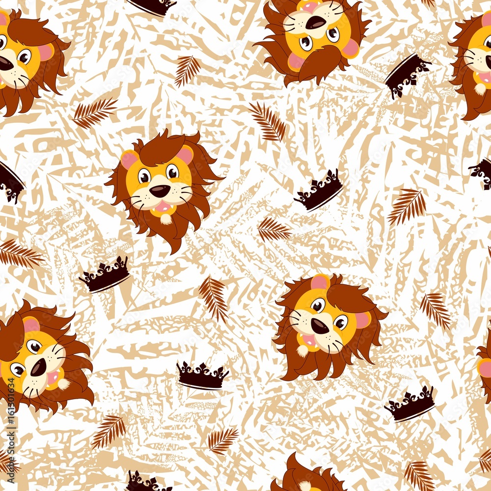 Cute seamless pattern for children with funny lions. Smile characters.  - obrazy, fototapety, plakaty 