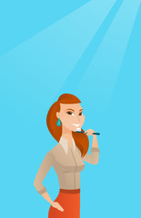 Sticker - Woman brushing teeth vector illustration.