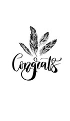 Wall Mural - 'Congrats' - hand drawn lettering in modern calligraphy style. Boho art print with decorative feathers.