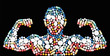 Sports doping, anabolic drugs, pills and capsules - shape of a male muscular upper body - symbol for medical drug abuse. Isolated vector illustration on black background.
