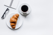 Businessman Morning With Notebook, Cup Of Coffee And Croissant On Wooden Table Background Top View Mockup