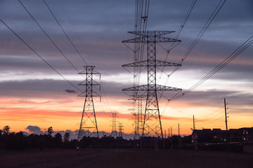 Wall Mural - Group silhouette of transmission towers (power tower, electricity pylon, steel lattice tower) at twilight in Humble, Texas, US. Texture high voltage pillar, overhead power line, industrial background.